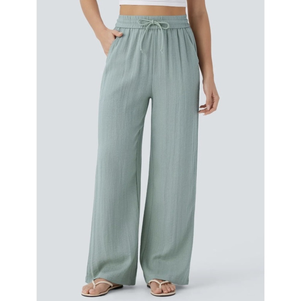 New Halara High Waisted Drawstring Pocket Wide Leg Baggy Linen-Feel Pants